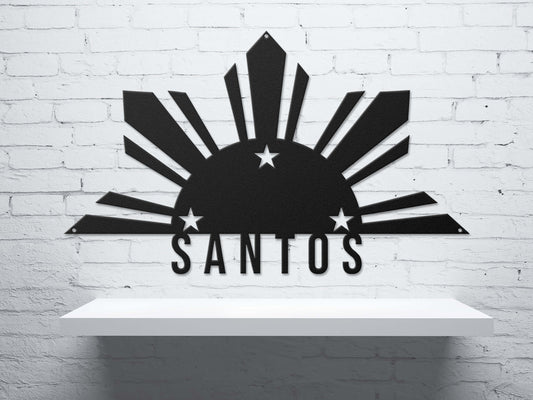 Custom Filipino Last Name Sun with 3 Stars Metal Sign